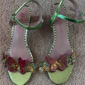 Betsey Johnson Metallic Green Sandals with Beaded Butterflies